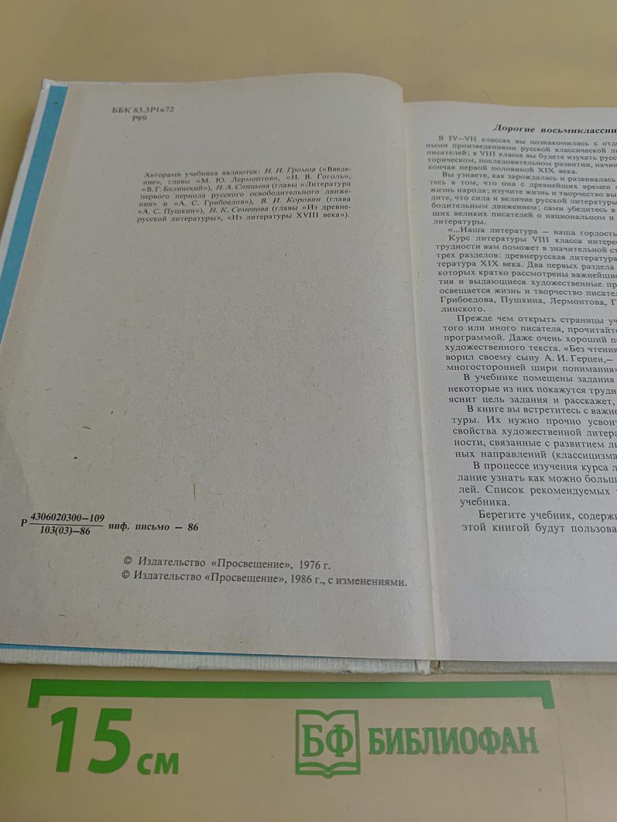 Русская литература. Учебник для 8 класса средней школы